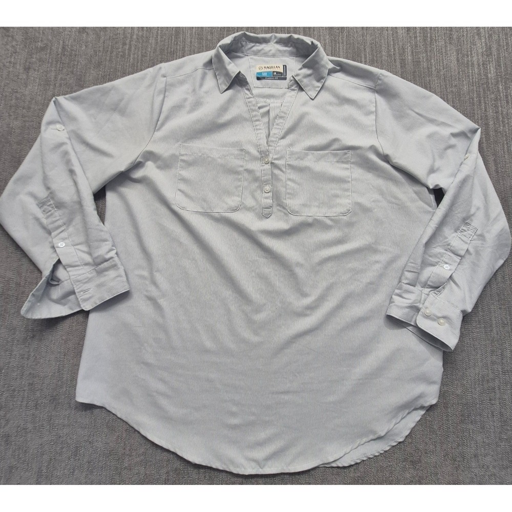 Magellan women's blue striped 1/4 button up shirt 1X moisture wicking  fish gear